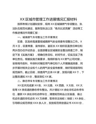 XX区城市管理工作进展情况汇报材料