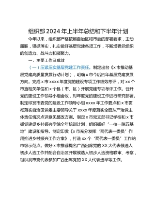 组织部2024年上半年总结和下半年计划