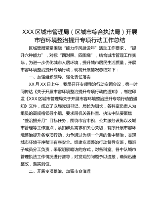 XXX区城市管理局（区城市综合执法局）开展市容环境整治提升专项行动工作总结