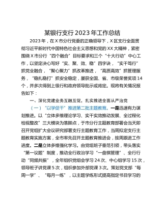 某银行支行2023年工作总结