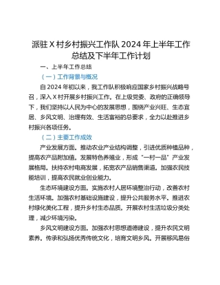 派驻X村乡村振兴工作队2024年上半年工作总结及下半年工作计划