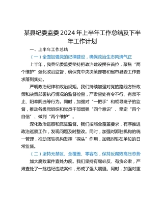 某县纪委监委2024年上半年工作总结及下半年工作计划
