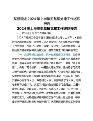某县国企2024年上半年抓基层党建工作述职报告