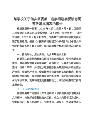 某学校关于落实区委第二巡察组巡察反馈意见整改落实情况的报告