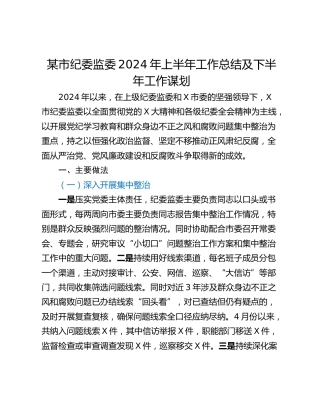 某市纪委监委2024年上半年工作总结及下半年工作谋划