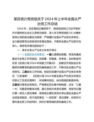 某区统计局党组关于2024年上半年全面从严治党工作总结