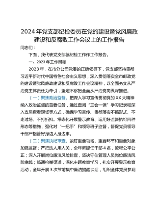 2024年党支部纪检委员在党的建设暨党风廉政建设和反腐败工作会议上的工作报告