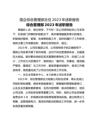 国企综合管理部主任2023年述职报告