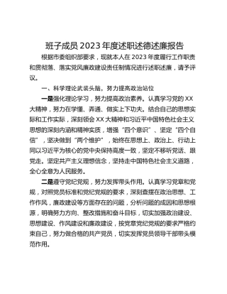 班子成员2023年度述职述德述廉报告