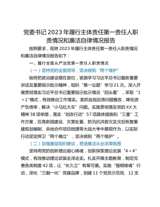 党委书记2023年履行主体责任第一责任人职责情况和廉洁自律情况报告