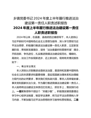 乡镇党委书记2024年度上半年履行推进法治建设第一责任人职责述职报告