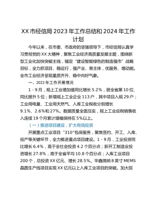 XX市经信局2023年工作总结和2024年工作计划