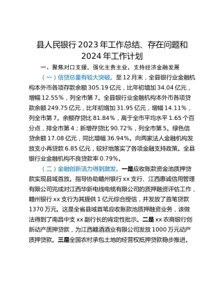 县人民银行2023年工作总结、存在问题和2024年工作计划