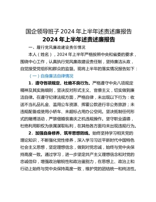 国企领导班子2024年上半年述责述廉报告