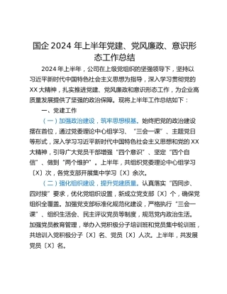 国企2024 年上半年党建、党风廉政、意识形态工作总结