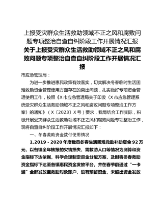 上报受灾群众生活救助领域不正之风和腐败问题专项整治自查自纠阶段工作开展情况汇报