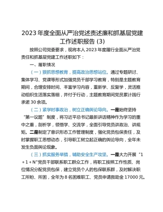 2023年度全面从严治党述责述廉和抓基层党建工作述职报告 (3)