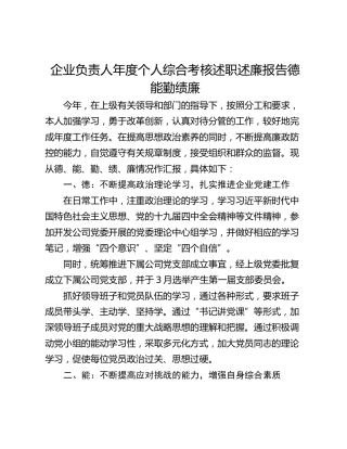企业负责人年度个人综合考核述职述廉报告德能勤绩廉