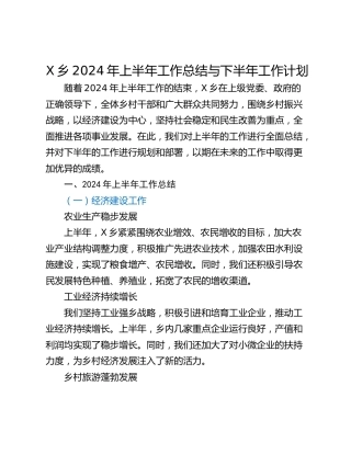 X乡2024年上半年工作总结与下半年工作计划