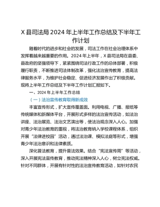X县司法局2024年上半年工作总结及下半年工作计划