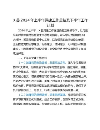 X县2024年上半年党建工作总结及下半年工作计划