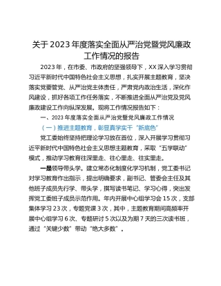 关于2023年度落实全面从严治党暨党风廉政工作情况的报告