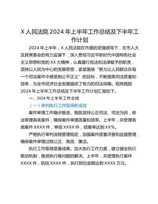 X人民法院2024年上半年工作总结及下半年工作计划