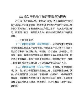XX镇关于统战工作开展情况的报告
