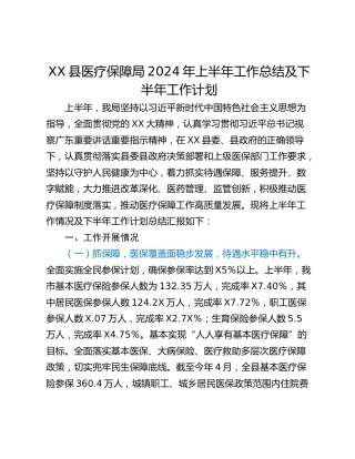 XX县医疗保障局2024年上半年工作总结及下半年工作计划