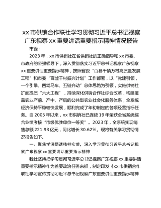 xx市供销合作联社学习贯彻习近平总书记视察广东视察xx重要讲话重要指示精神情况报告