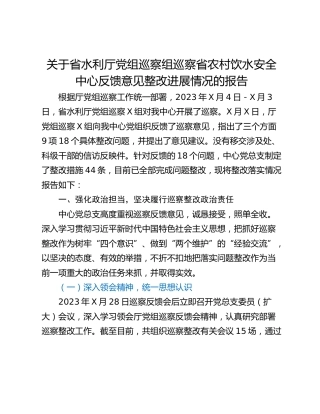 关于省水利厅党组巡察组巡察省农村饮水安全中心反馈意见整改进展情况的报告