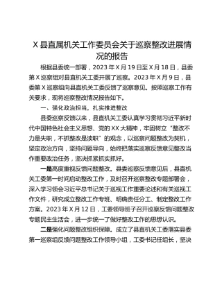 X县直属机关工作委员会关于巡察整改进展情况的报告
