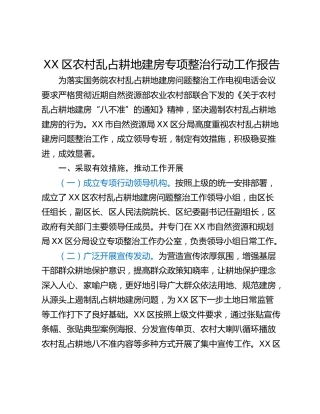 XX区农村乱占耕地建房专项整治行动工作报告