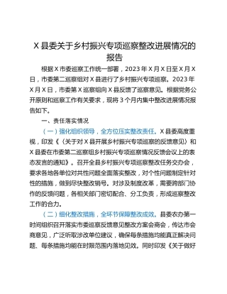X县委关于乡村振兴专项巡察整改进展情况的报告