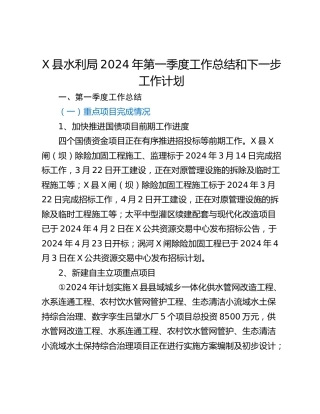 X县水利局2024年第一季度工作总结和下一步工作计划