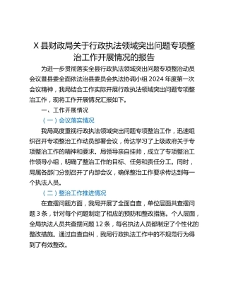 X县财政局关于行政执法领域突出问题专项整治工作开展情况的报告