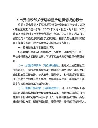 X市委组织部关于巡察整改进展情况的报告
