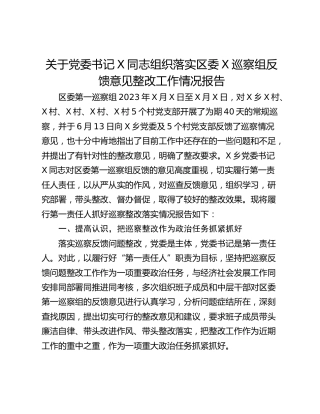 关于党委书记X同志组织落实区委X巡察组反馈意见整改工作情况报告