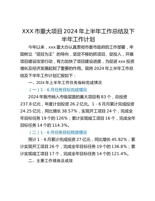 XXX市重大项目2024年上半年工作总结及下半年工作计划
