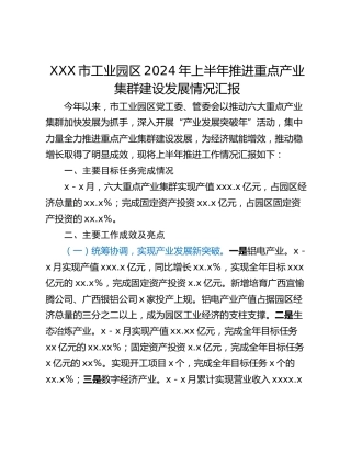 XXX市工业园区2024年上半年推进重点产业集群建设发展情况汇报