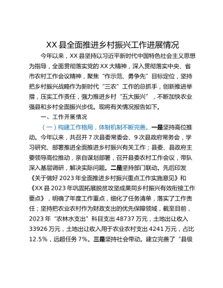 XX县全面推进乡村振兴工作进展情况