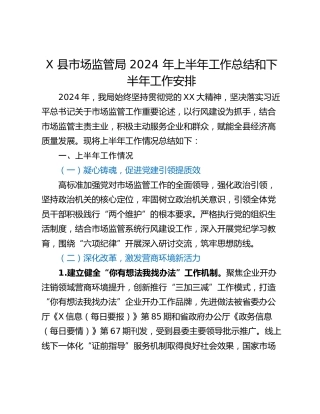 X 县市场监管局 2024 年上半年工作总结和下半年工作安排