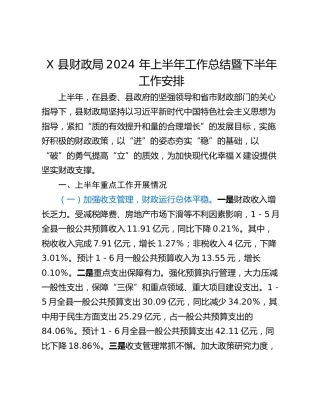 X 县财政局2024 年上半年工作总结暨下半年工作安排