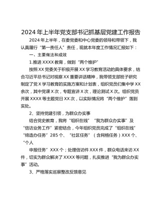 2024年上半年党支部书记抓基层党建工作报告