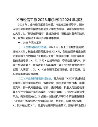 X市经信工作2023年总结和2024年思路
