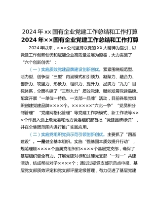 2024年xx国有企业党建工作总结和工作打算