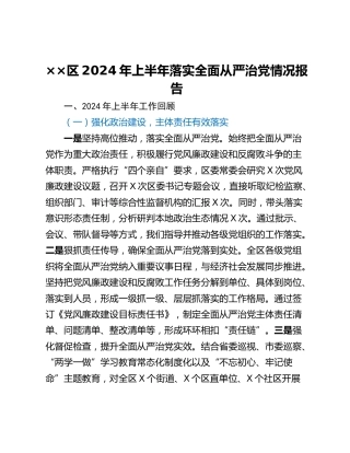 ××区2024年上半年落实全面从严治党情况报告