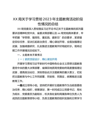XX局关于学习贯彻2023年主题教育活动阶段性情况的总结