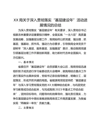XX局关于深入贯彻落实“基层建设年”活动进展情况的总结