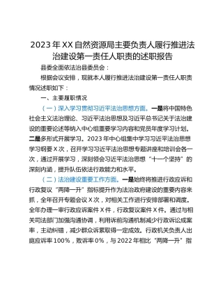 2023年XX自然资源局主要负责人履行推进法治建设第一责任人职责的述职报告